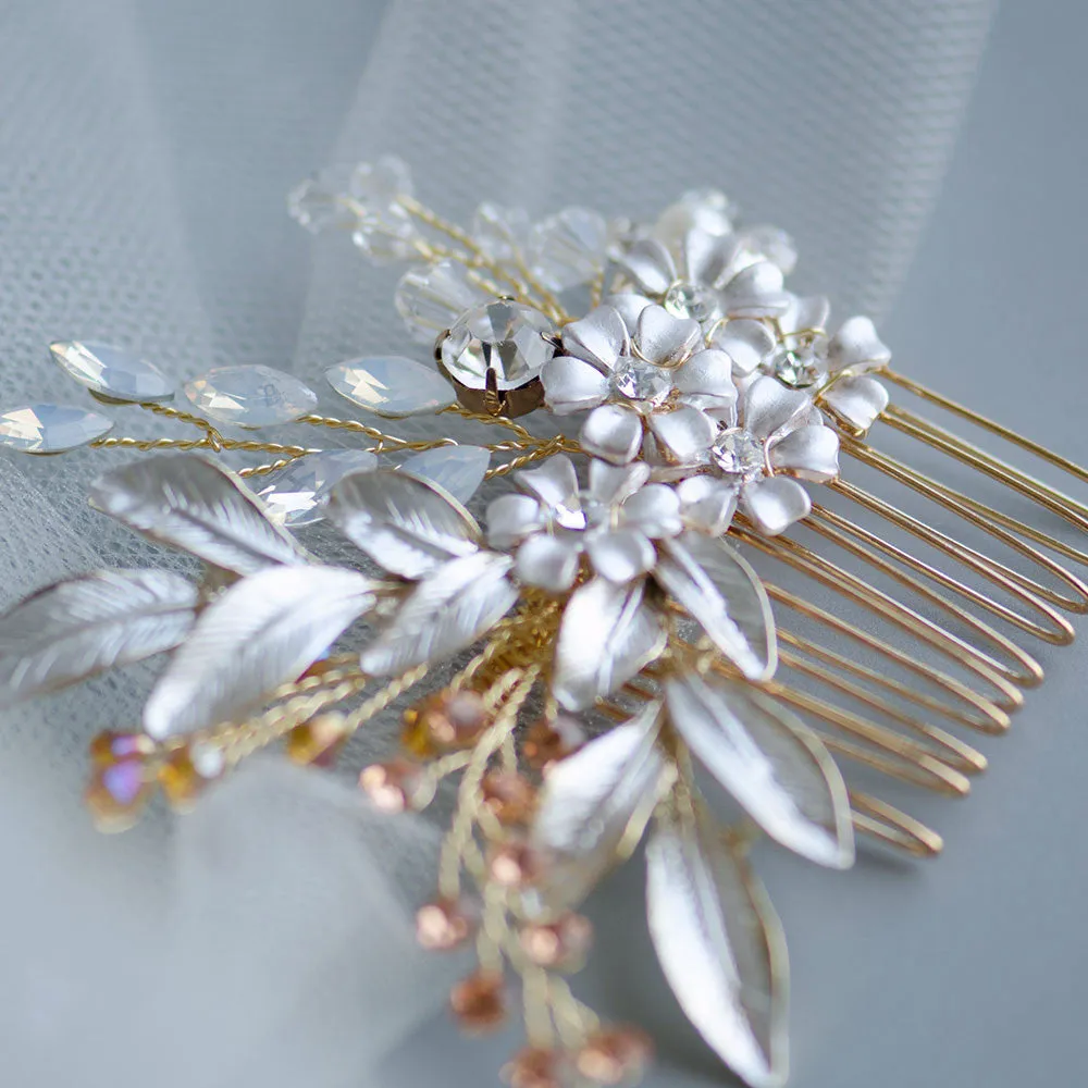 Nuance Flowers Fiesta Handmade Bridal Headpiece in Opal and Soft Gold Tones