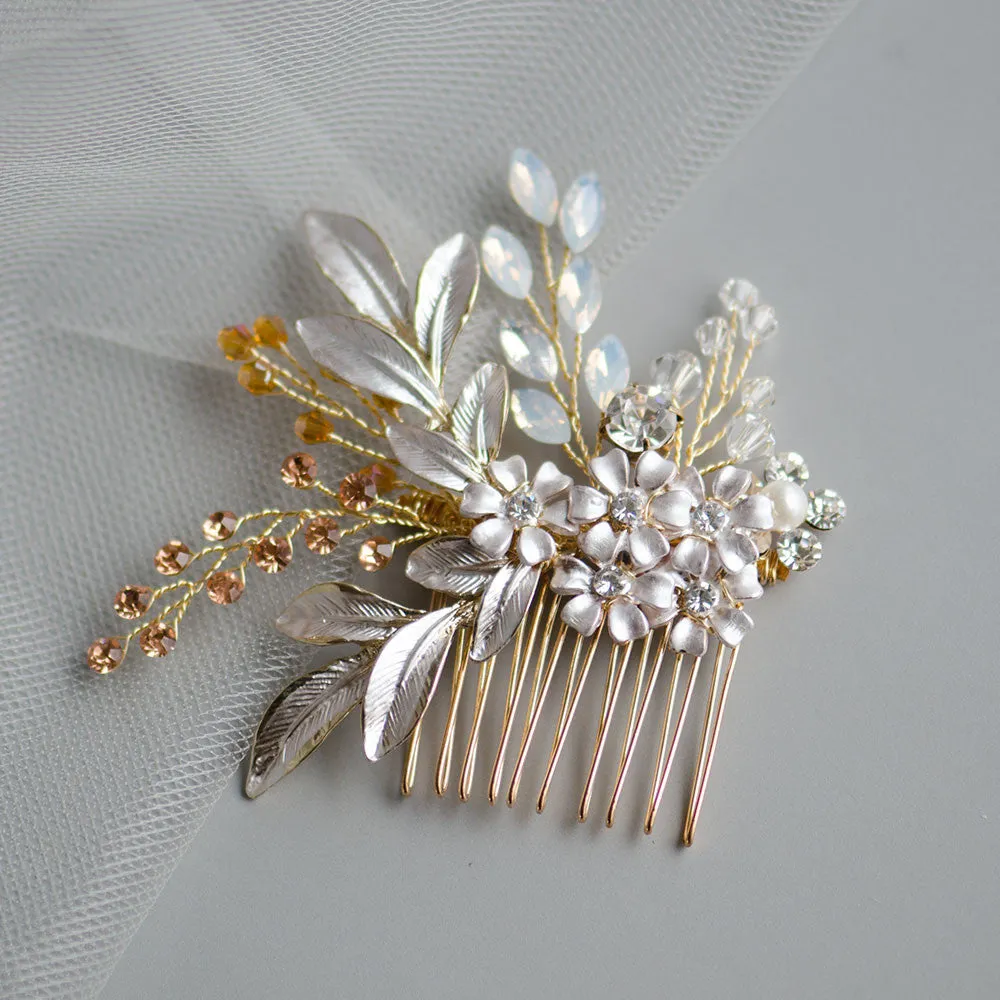 Nuance Flowers Fiesta Handmade Bridal Headpiece in Opal and Soft Gold Tones
