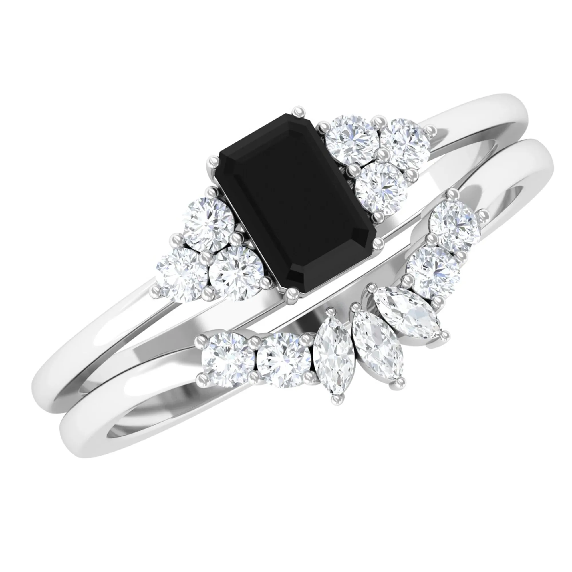 Octagon Black Onyx Solitaire Stackable Ring Set with Diamond