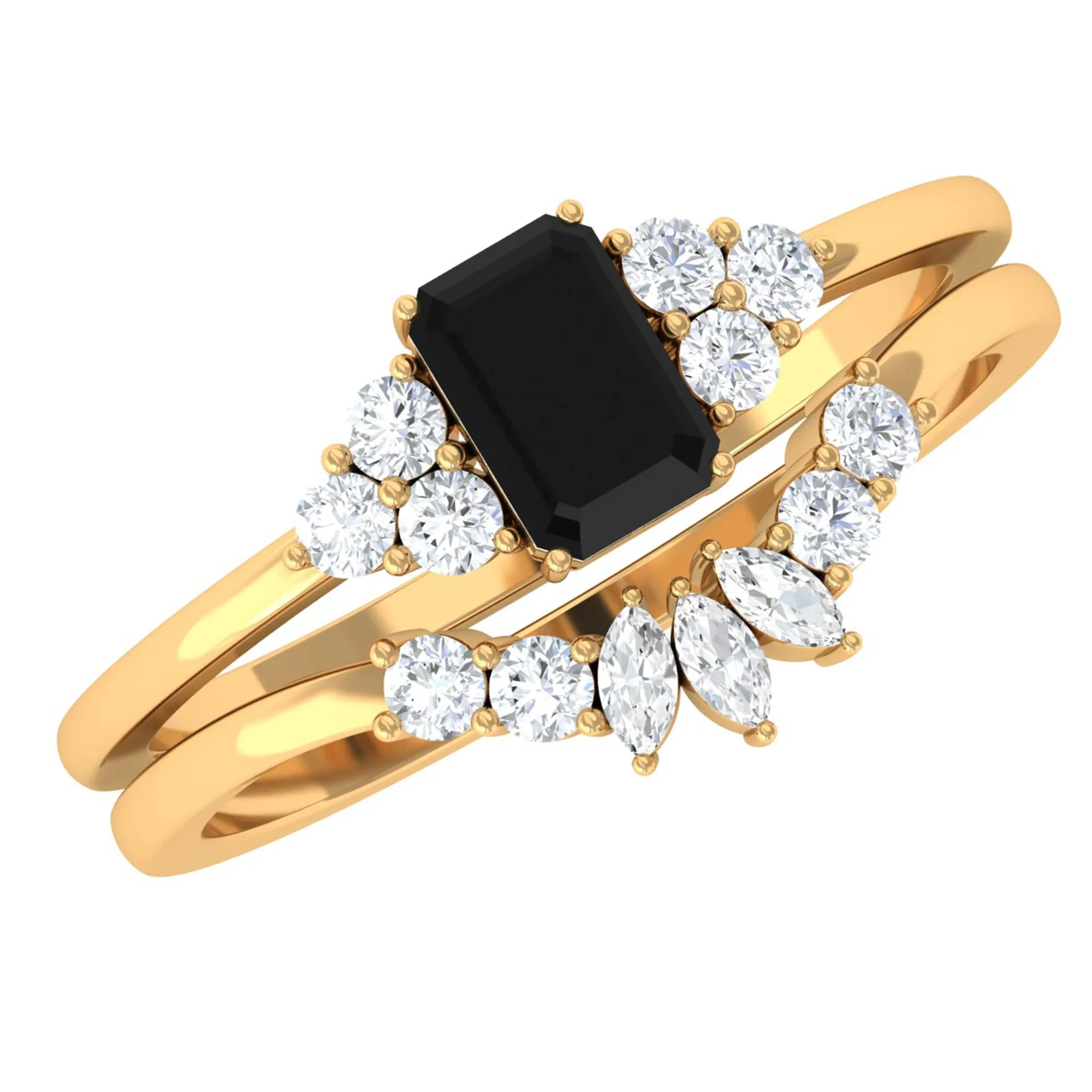 Octagon Black Onyx Solitaire Stackable Ring Set with Diamond