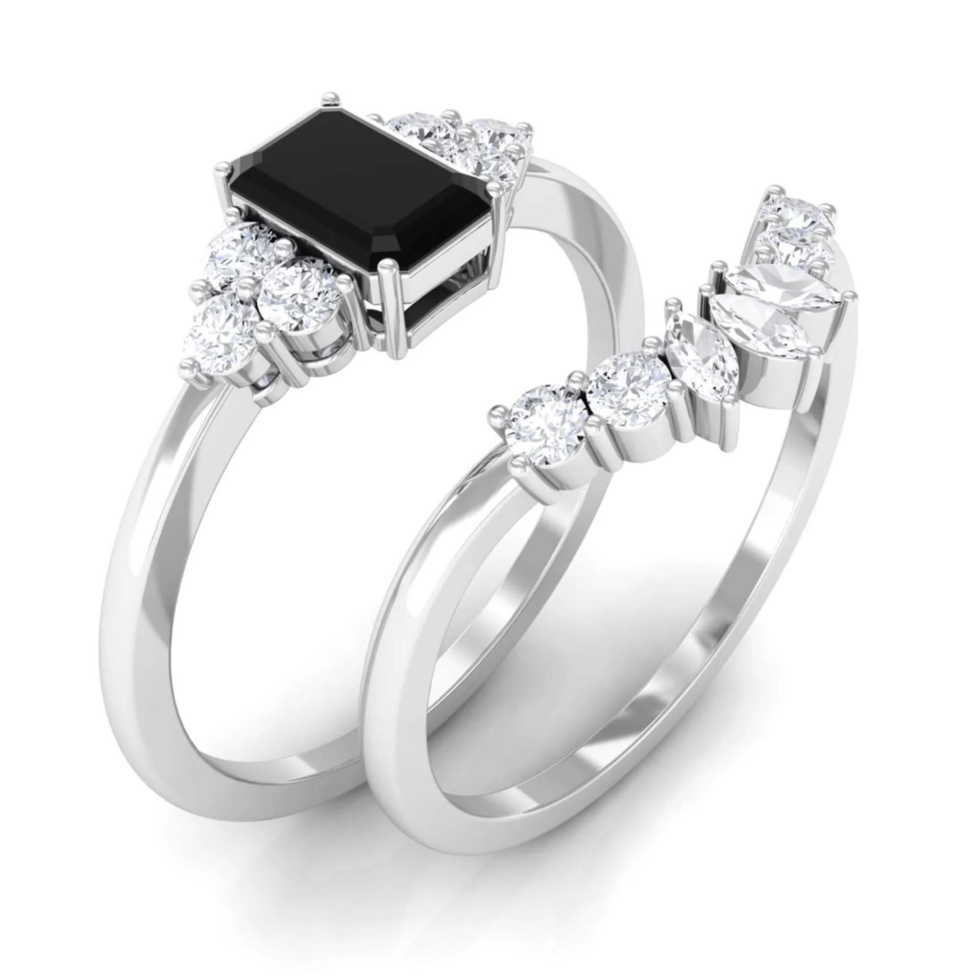 Octagon Black Onyx Solitaire Stackable Ring Set with Diamond