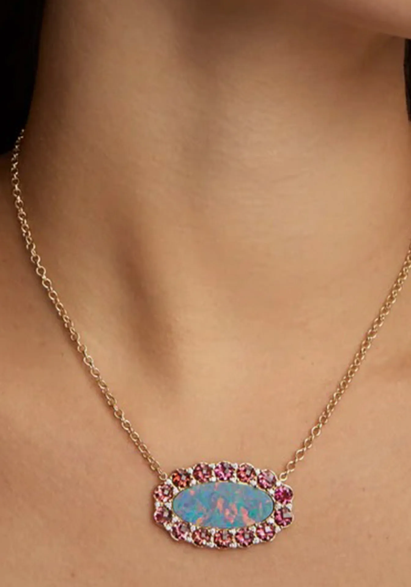Opal, 18K Yellow Gold, Pink Tourmaline   Diamond Necklace