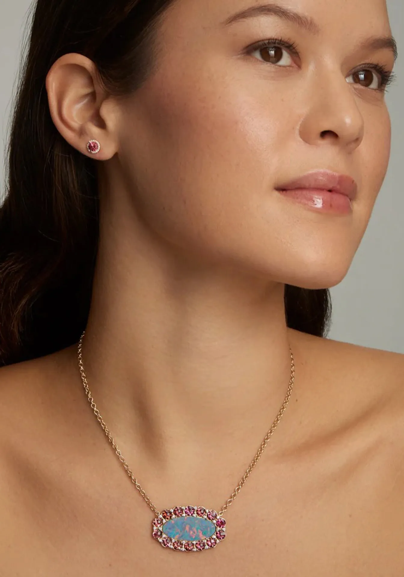 Opal, 18K Yellow Gold, Pink Tourmaline   Diamond Necklace