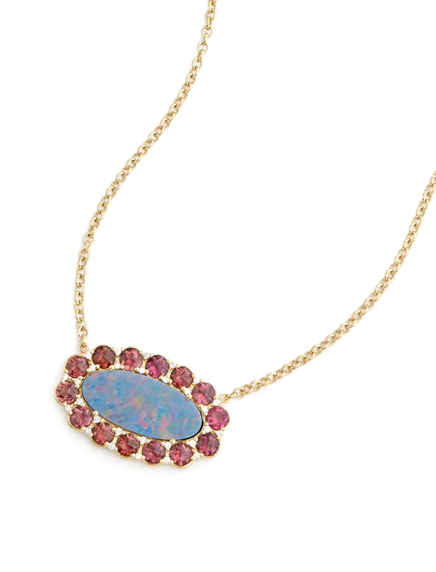 Opal, 18K Yellow Gold, Pink Tourmaline   Diamond Necklace
