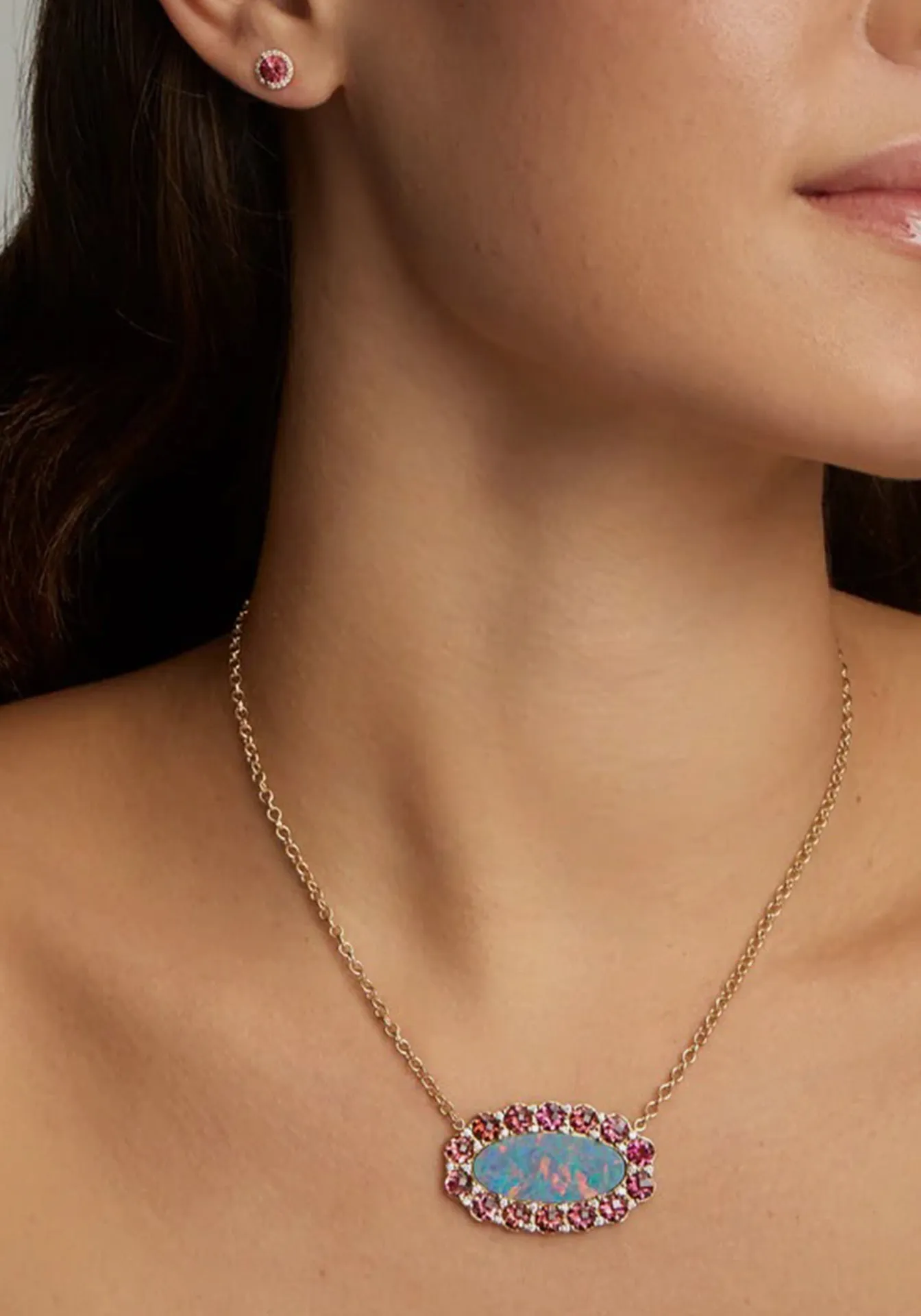 Opal, 18K Yellow Gold, Pink Tourmaline   Diamond Necklace