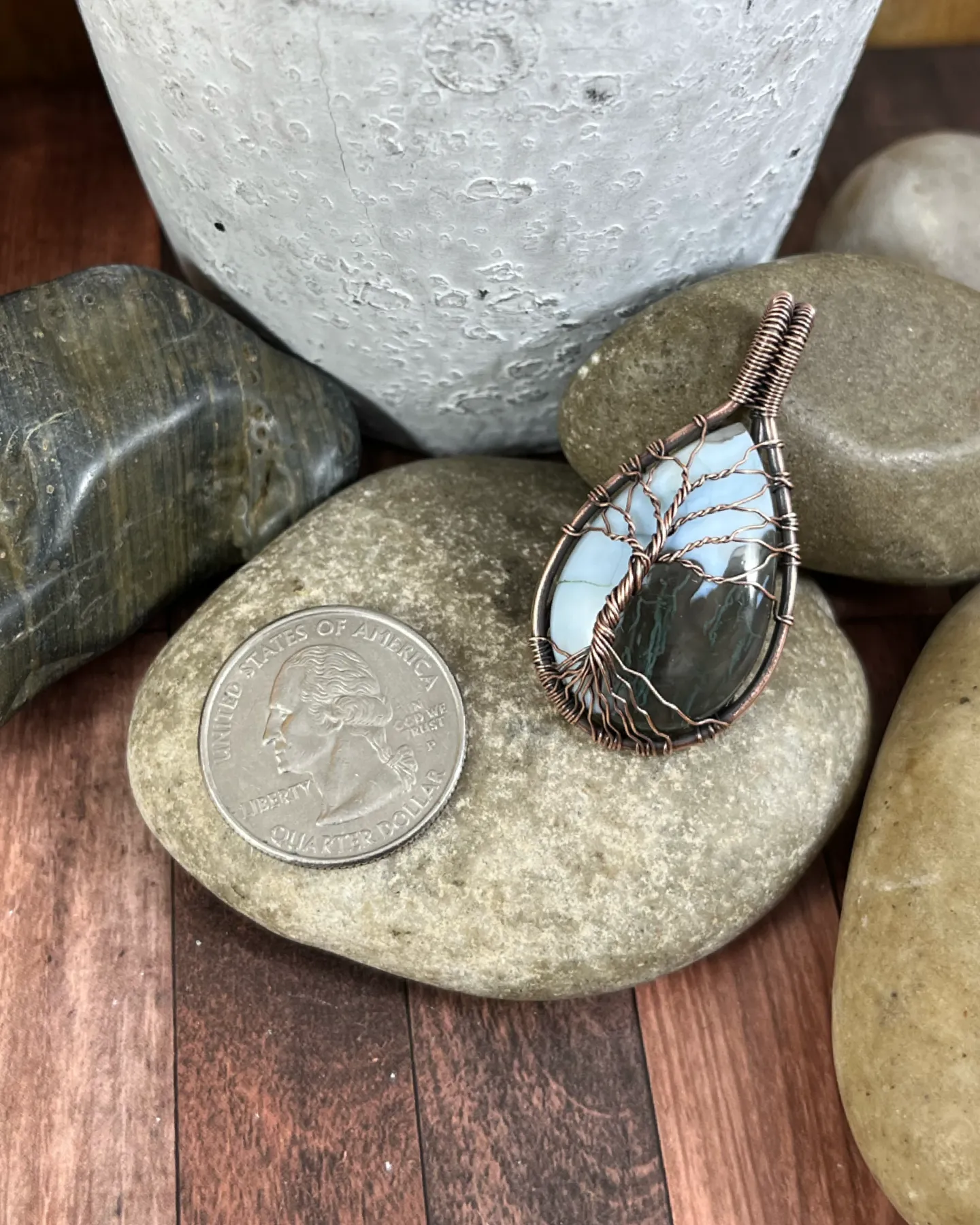 Oxidized Copper Wire Woven Blue Opal Tree Of Life Pendant