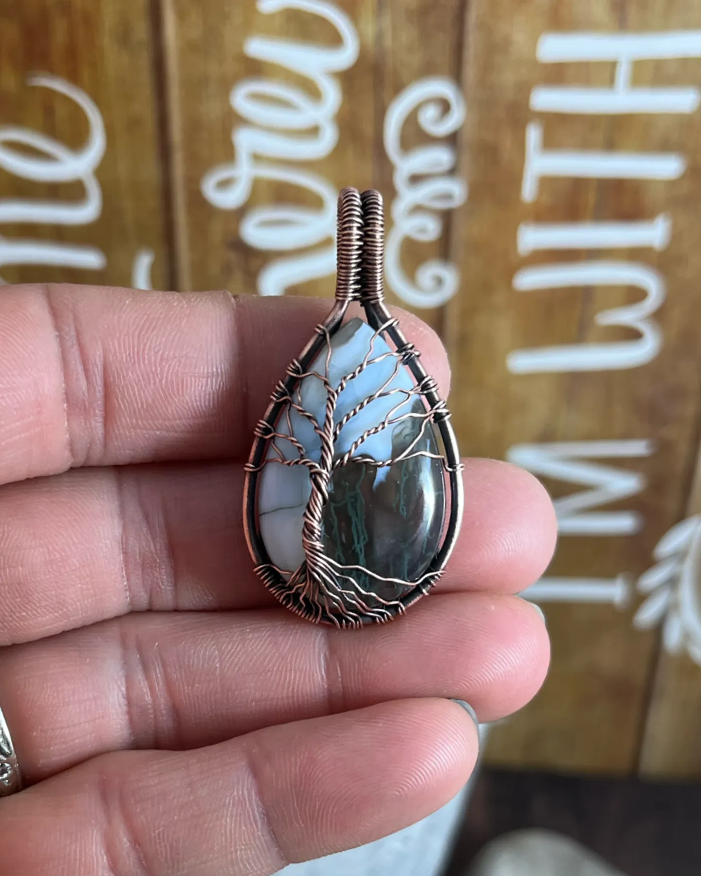 Oxidized Copper Wire Woven Blue Opal Tree Of Life Pendant