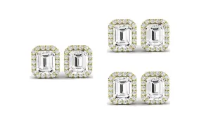 Paris jewelry 14k Yellow Gold 4Ct Emerald Cut White Sapphire Set Of Three Halo Stud Earrings Plated