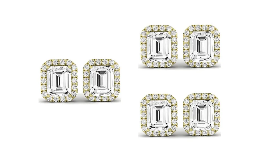 Paris jewelry 14k Yellow Gold 4Ct Emerald Cut White Sapphire Set Of Three Halo Stud Earrings Plated