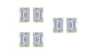 Paris jewelry 14k Yellow Gold 6mm 1Ct Emerald Cut White Sapphire Set Of Three Stud Earrings Plated