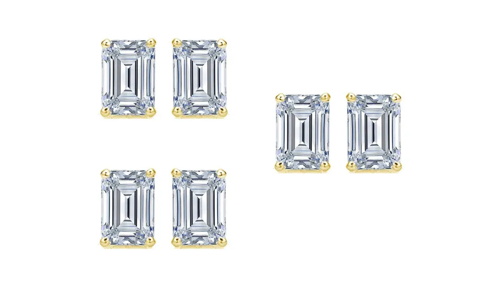 Paris jewelry 14k Yellow Gold 6mm 1Ct Emerald Cut White Sapphire Set Of Three Stud Earrings Plated