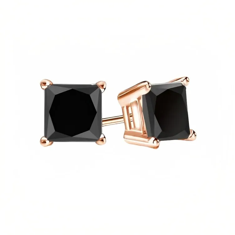 Paris Jewelry 18k Rose Gold 2 Pair Created Black Sapphire 4mm Round & Princess Cut Stud Earrings Plated
