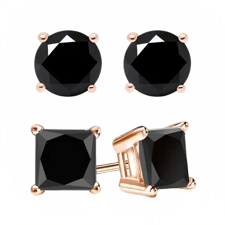 Paris Jewelry 18k Rose Gold 2 Pair Created Black Sapphire 4mm Round & Princess Cut Stud Earrings Plated