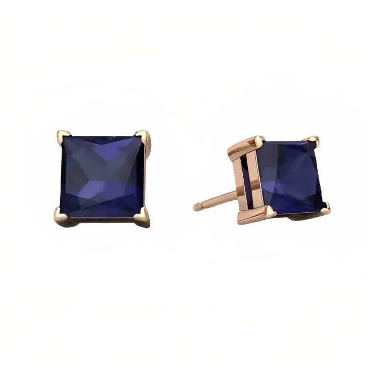Paris Jewelry 18k Rose Gold 2 Pair Created Blue Sapphire 4mm Round & Princess Cut Stud Earrings Plated