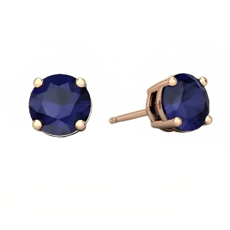 Paris Jewelry 18k Rose Gold 2 Pair Created Blue Sapphire 4mm Round & Princess Cut Stud Earrings Plated