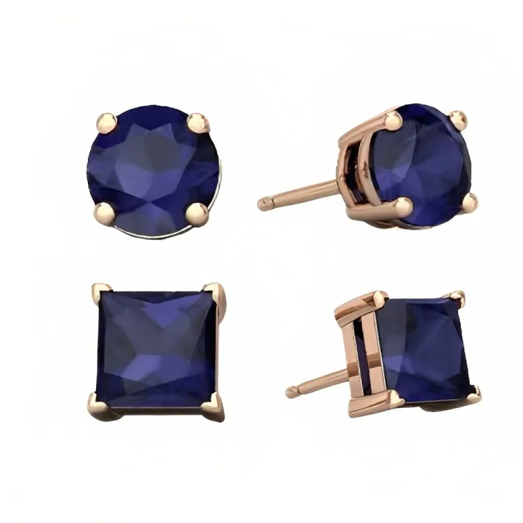Paris Jewelry 18k Rose Gold 2 Pair Created Blue Sapphire 4mm Round & Princess Cut Stud Earrings Plated