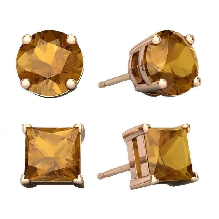 Paris Jewelry 18k Rose Gold 2 Pair Created Citrine 4mm Round & Princess Cut Stud Earrings Plated