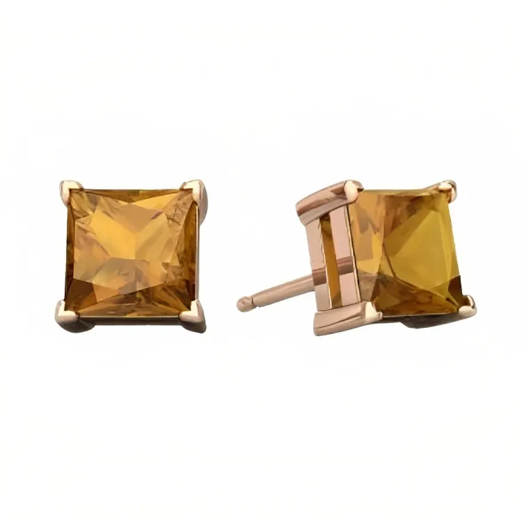 Paris Jewelry 18k Rose Gold 2 Pair Created Citrine 4mm Round & Princess Cut Stud Earrings Plated