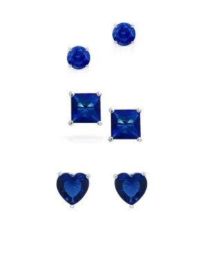 Paris Jewelry 18k White Gold Created Blue Sapphire 3 Pair Round, Square and Heart Stud Earrings Plated 4mm