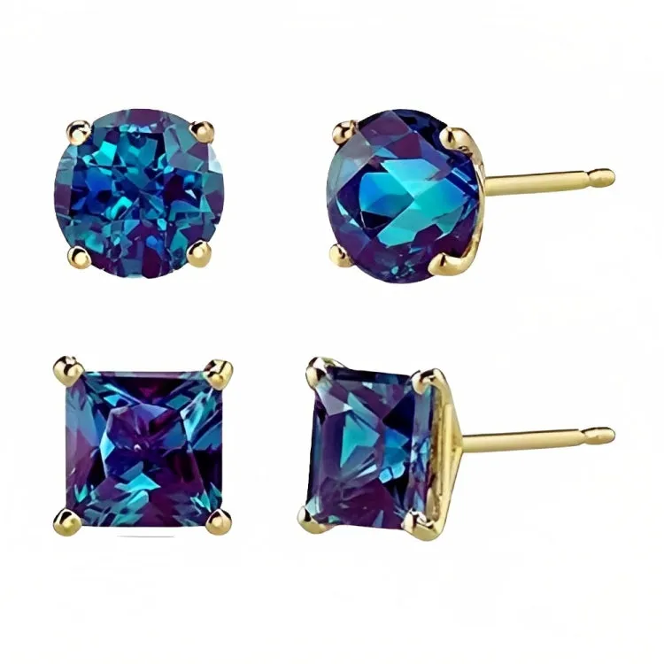Paris Jewelry 18k Yellow Gold 2 Pair Created Alexandrite 6mm Round & Princess Cut Stud Earrings Plated