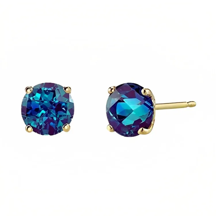 Paris Jewelry 18k Yellow Gold 2 Pair Created Alexandrite 6mm Round & Princess Cut Stud Earrings Plated