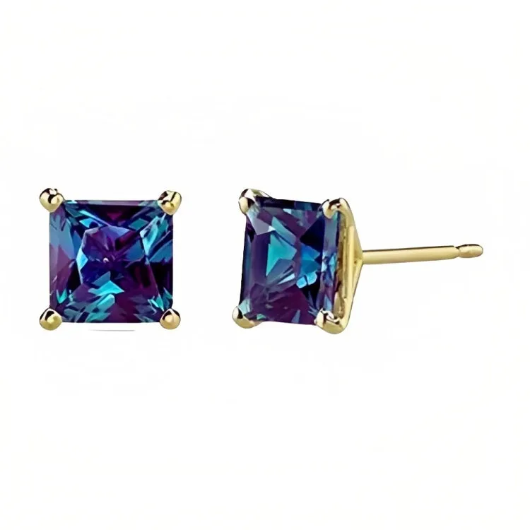 Paris Jewelry 18k Yellow Gold 2 Pair Created Alexandrite 6mm Round & Princess Cut Stud Earrings Plated