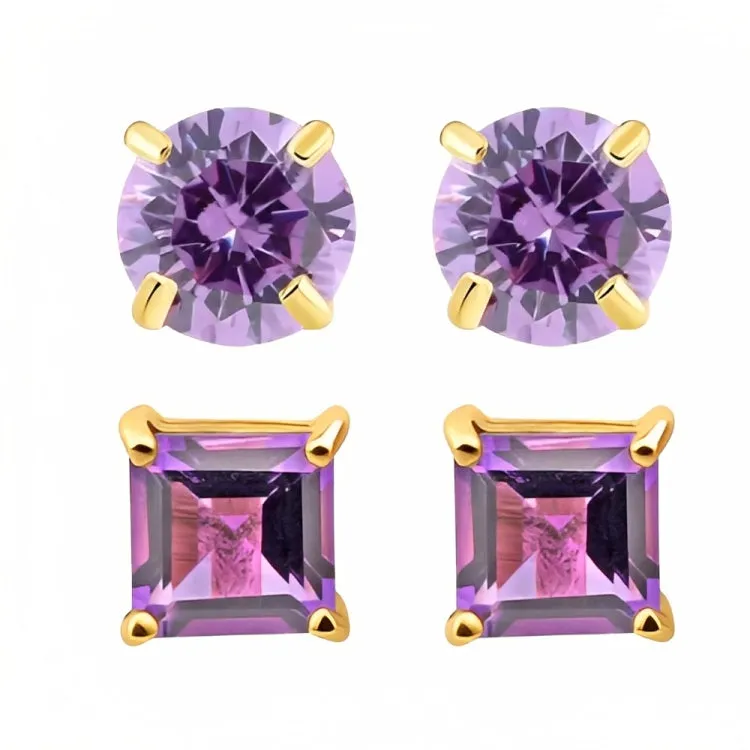 Paris Jewelry 18k Yellow Gold 2 Pair Created Amethyst 4mm, 6mm Round & Princess Cut Stud Earrings Plated