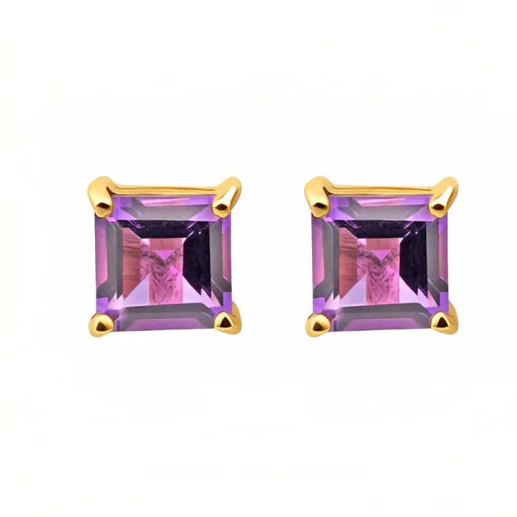 Paris Jewelry 18k Yellow Gold 2 Pair Created Amethyst 4mm, 6mm Round & Princess Cut Stud Earrings Plated