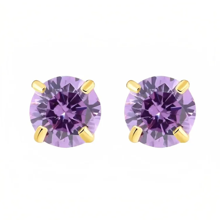 Paris Jewelry 18k Yellow Gold 2 Pair Created Amethyst 4mm, 6mm Round & Princess Cut Stud Earrings Plated