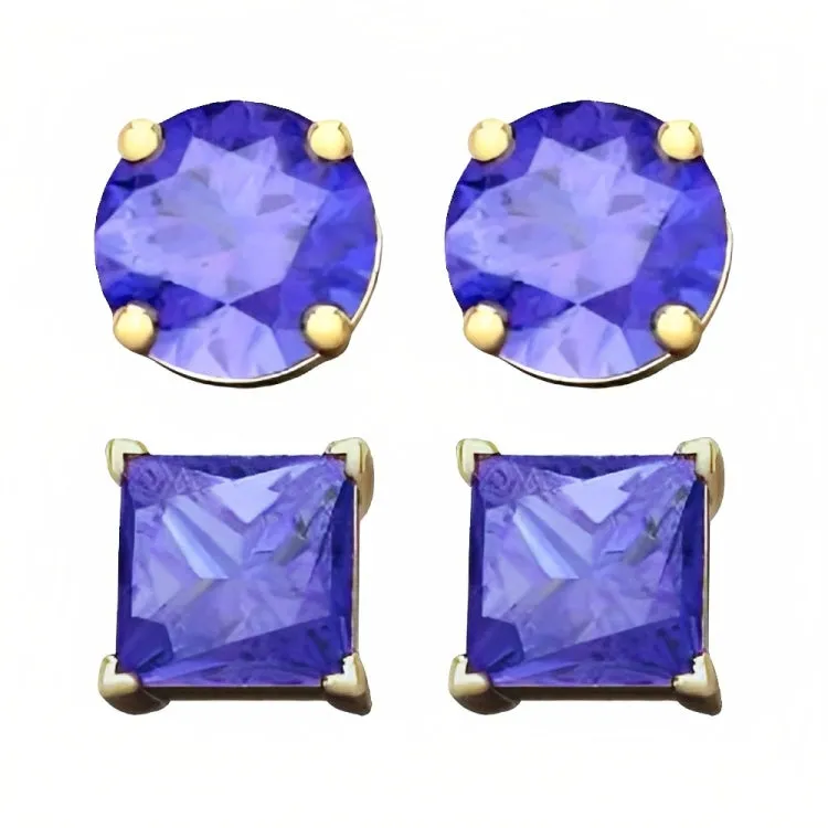 Paris Jewelry 18k Yellow Gold 2 Pair Created Tanzanite 4mm, 6mm Round & Princess Cut Stud Earrings Plated