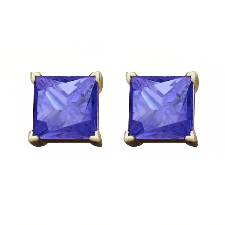 Paris Jewelry 18k Yellow Gold 2 Pair Created Tanzanite 4mm, 6mm Round & Princess Cut Stud Earrings Plated