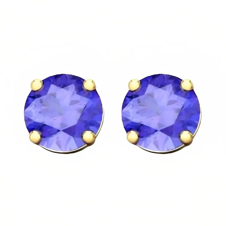 Paris Jewelry 18k Yellow Gold 2 Pair Created Tanzanite 4mm, 6mm Round & Princess Cut Stud Earrings Plated
