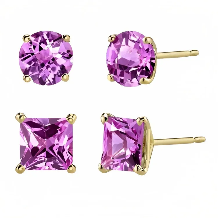 Paris Jewelry 18k Yellow Gold 2 Pair Created Tourmaline 4mm Round & Princess Cut Stud Earrings Plated