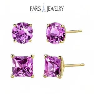 Paris Jewelry 18k Yellow Gold 2 Pair Created Tourmaline 4mm Round & Princess Cut Stud Earrings Plated