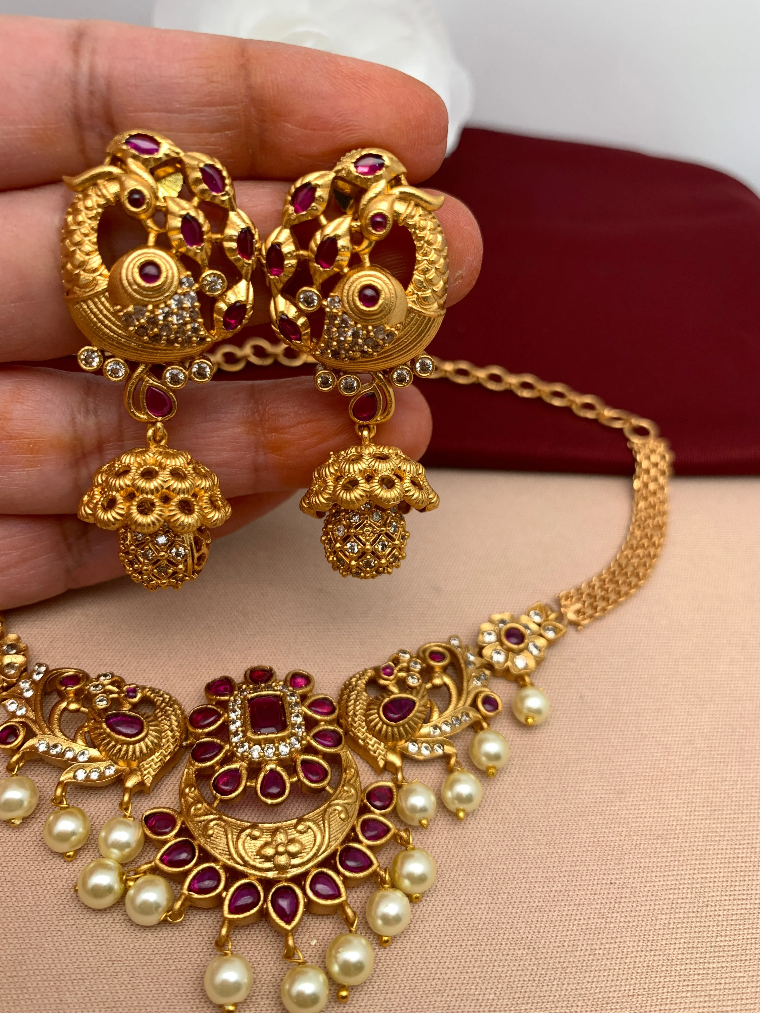 Peacock Red Stone Choker with matching earrings