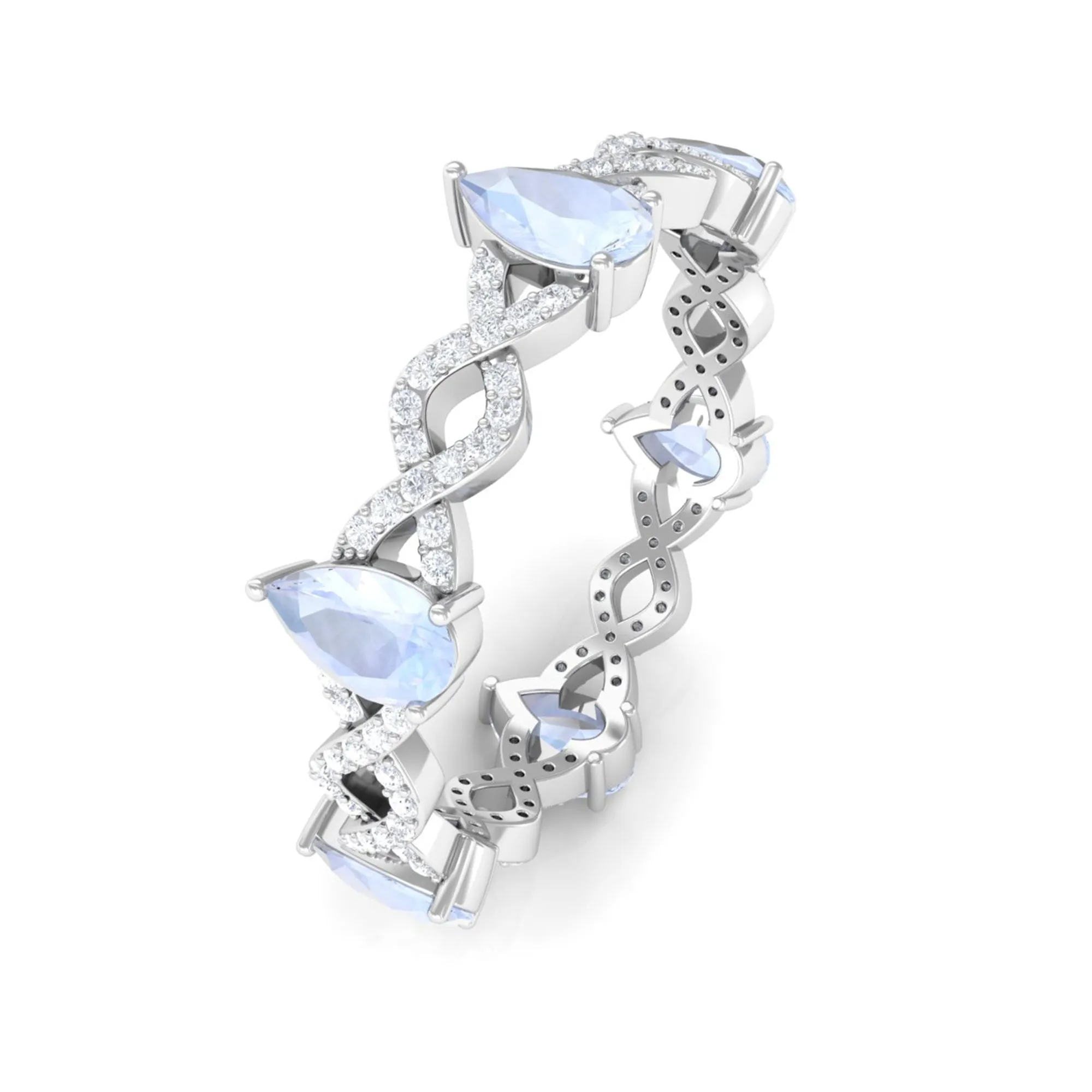 Pear Cut Moonstone and Diamond Crossover Eternity Ring