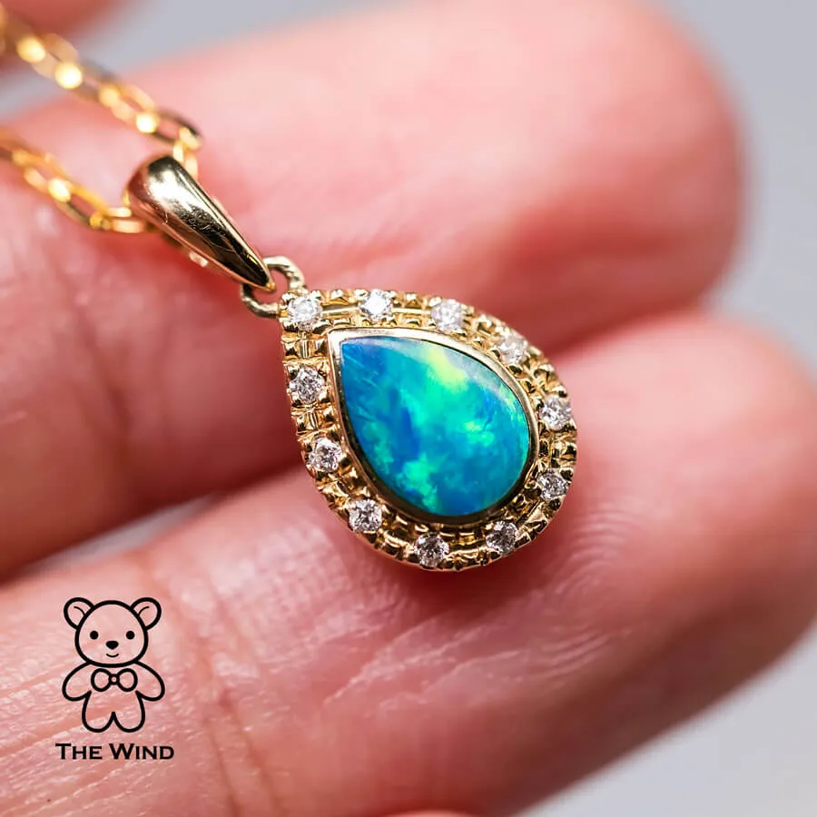 Pear Shaped Australian Doublet Opal Diamond Pendant Necklace 14k Yellow Gold