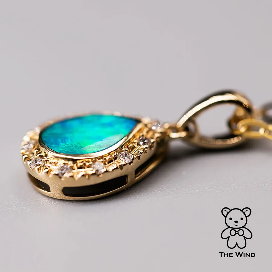 Pear Shaped Australian Doublet Opal Diamond Pendant Necklace 14k Yellow Gold