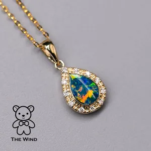 Pear Shaped Australian Doublet Opal Diamond Pendant Necklace 14k Yellow Gold