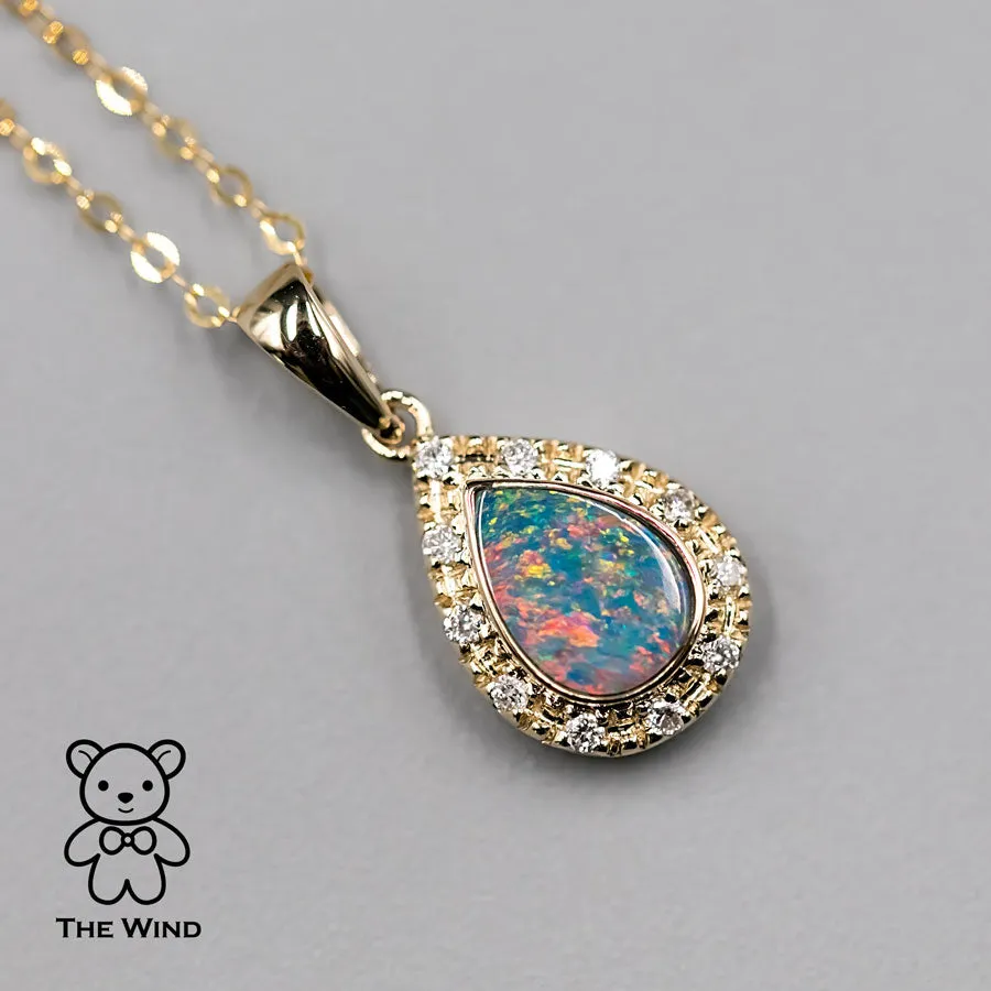 Pear Shaped Australian Doublet Opal Diamond Pendant Necklace 14k Yellow Gold