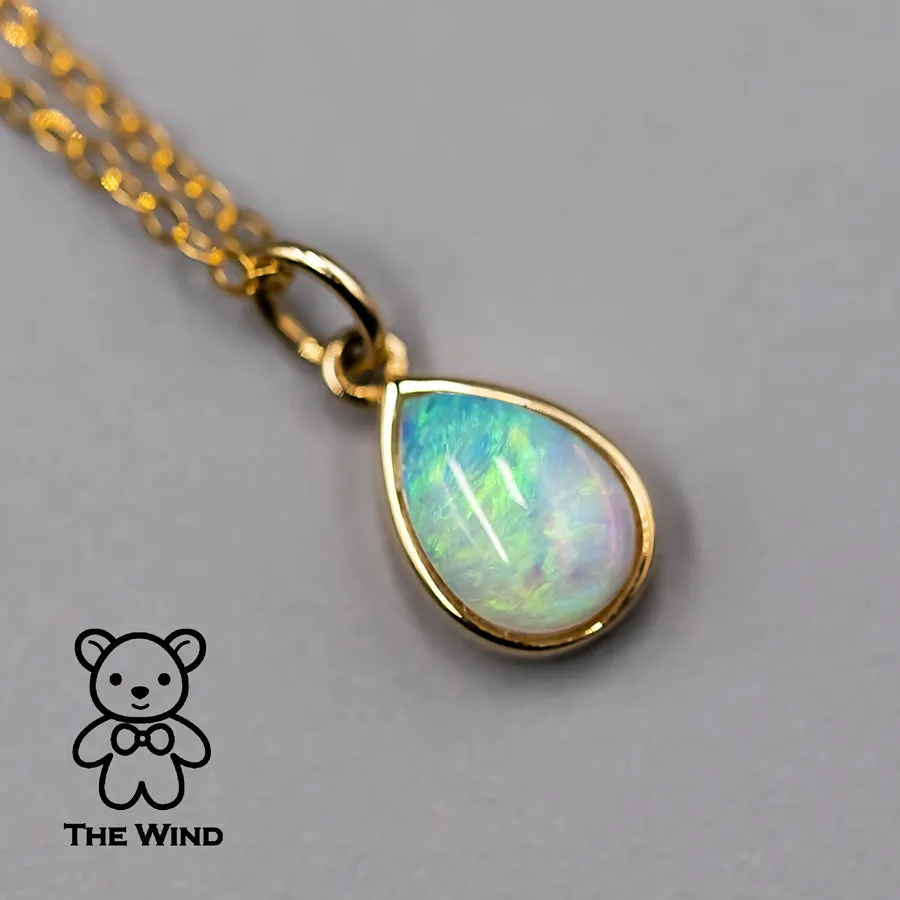 Pear Shaped Australian Solid Opal Necklace 14k Yellow Gold