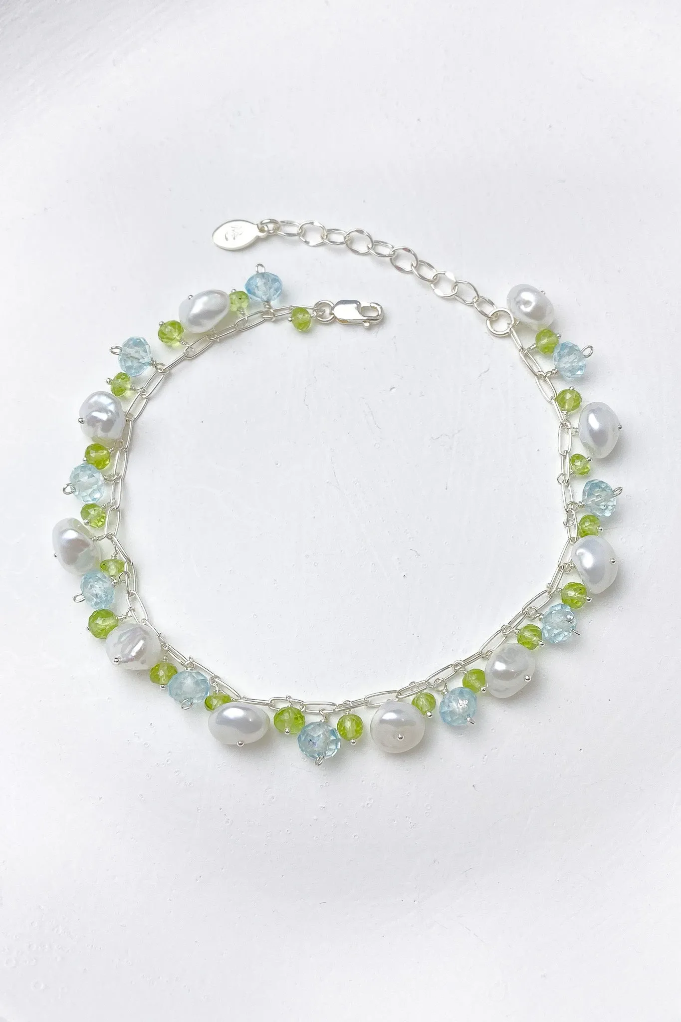 Pearl Bracelet with Blue Topaz and Peridot