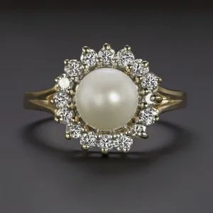 PEARL DIAMOND HALO COCKTAIL RING 14k YELLOW GOLD NATURAL CLASSIC VERY GOOD ROUND