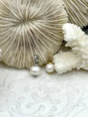 Pearl Enhancer Charm, Pearl Charm with Cubic Zirconia, Gold or Silver Plated Brass and Cubic Zirconia, Gold or Silver Drop Charms, Fast Ship
