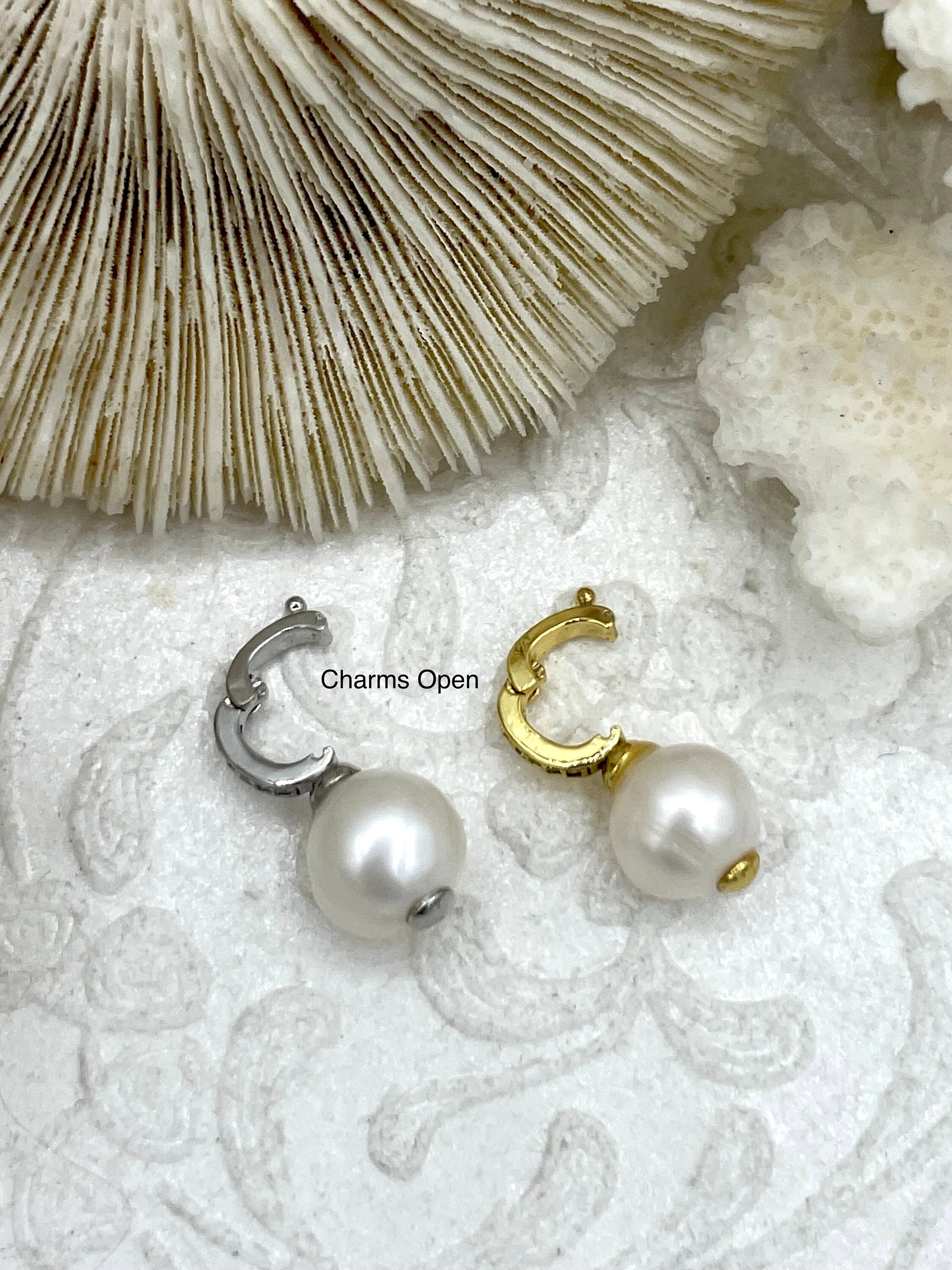 Pearl Enhancer Charm, Pearl Charm with Cubic Zirconia, Gold or Silver Plated Brass and Cubic Zirconia, Gold or Silver Drop Charms, Fast Ship