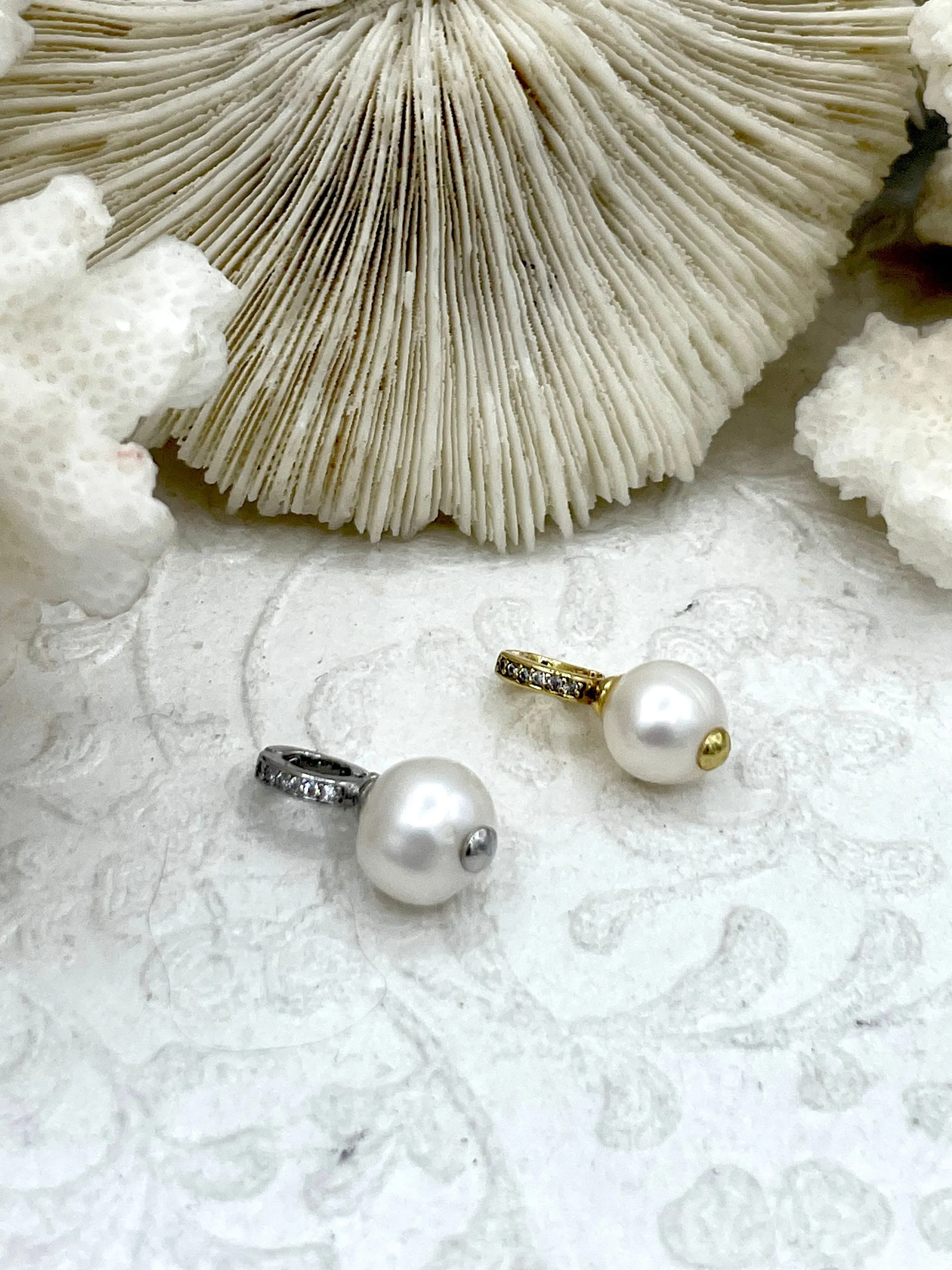 Pearl Enhancer Charm, Pearl Charm with Cubic Zirconia, Gold or Silver Plated Brass and Cubic Zirconia, Gold or Silver Drop Charms, Fast Ship