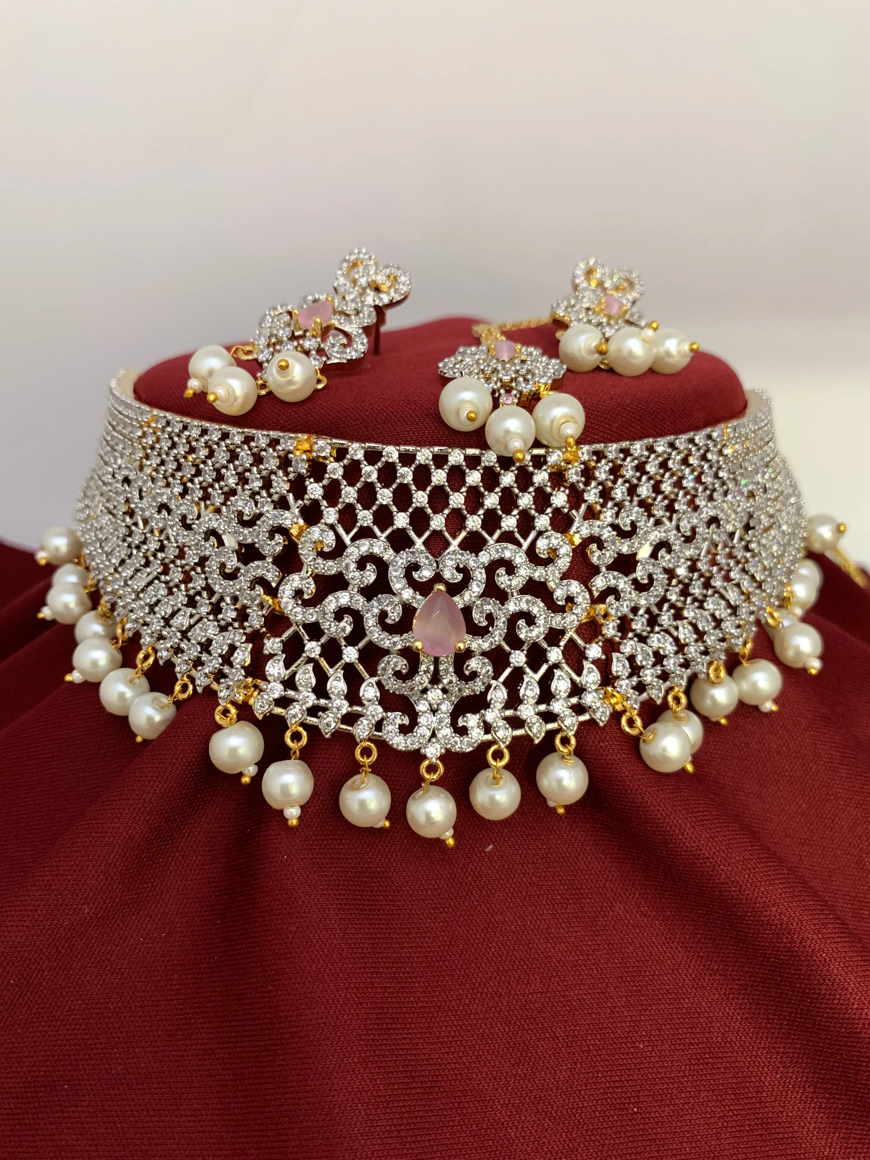 Pink Stone AD Finish Stiff Choker with Matching Maangteeka and Earrings