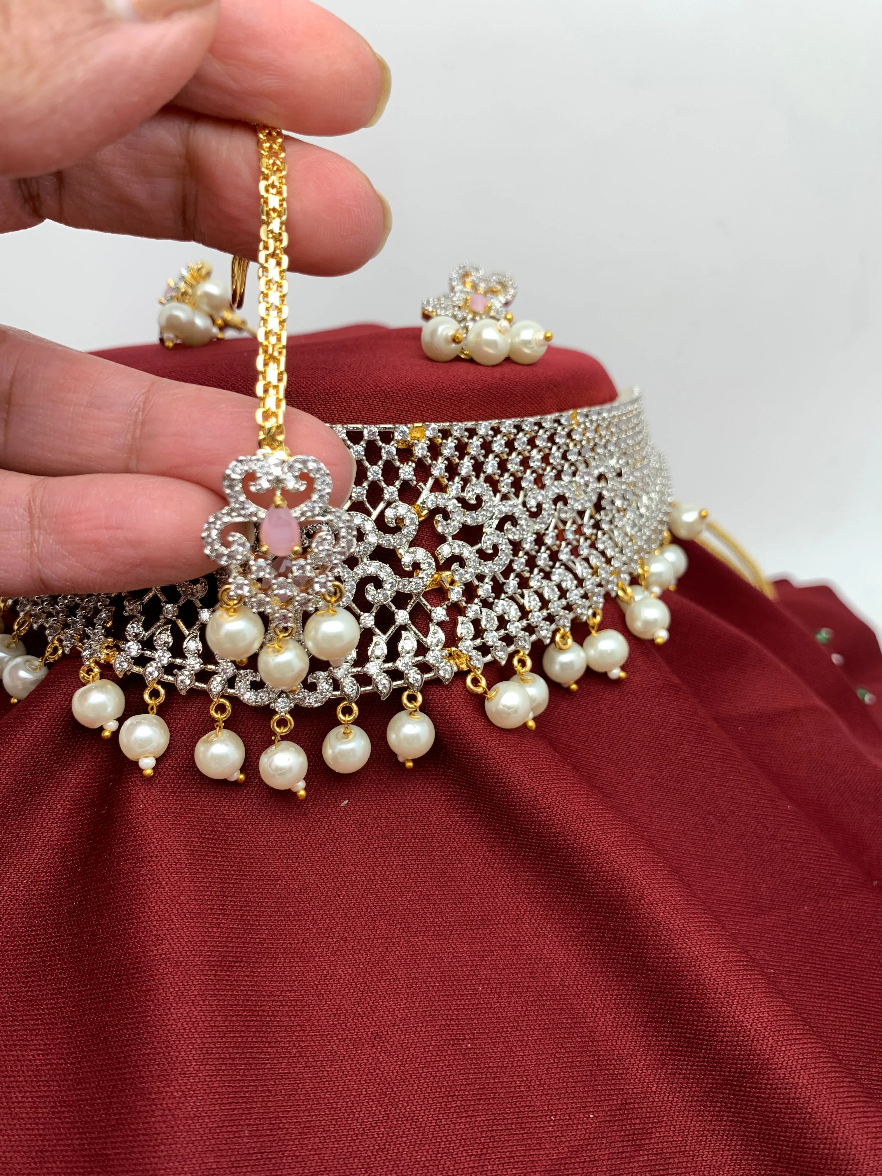 Pink Stone AD Finish Stiff Choker with Matching Maangteeka and Earrings
