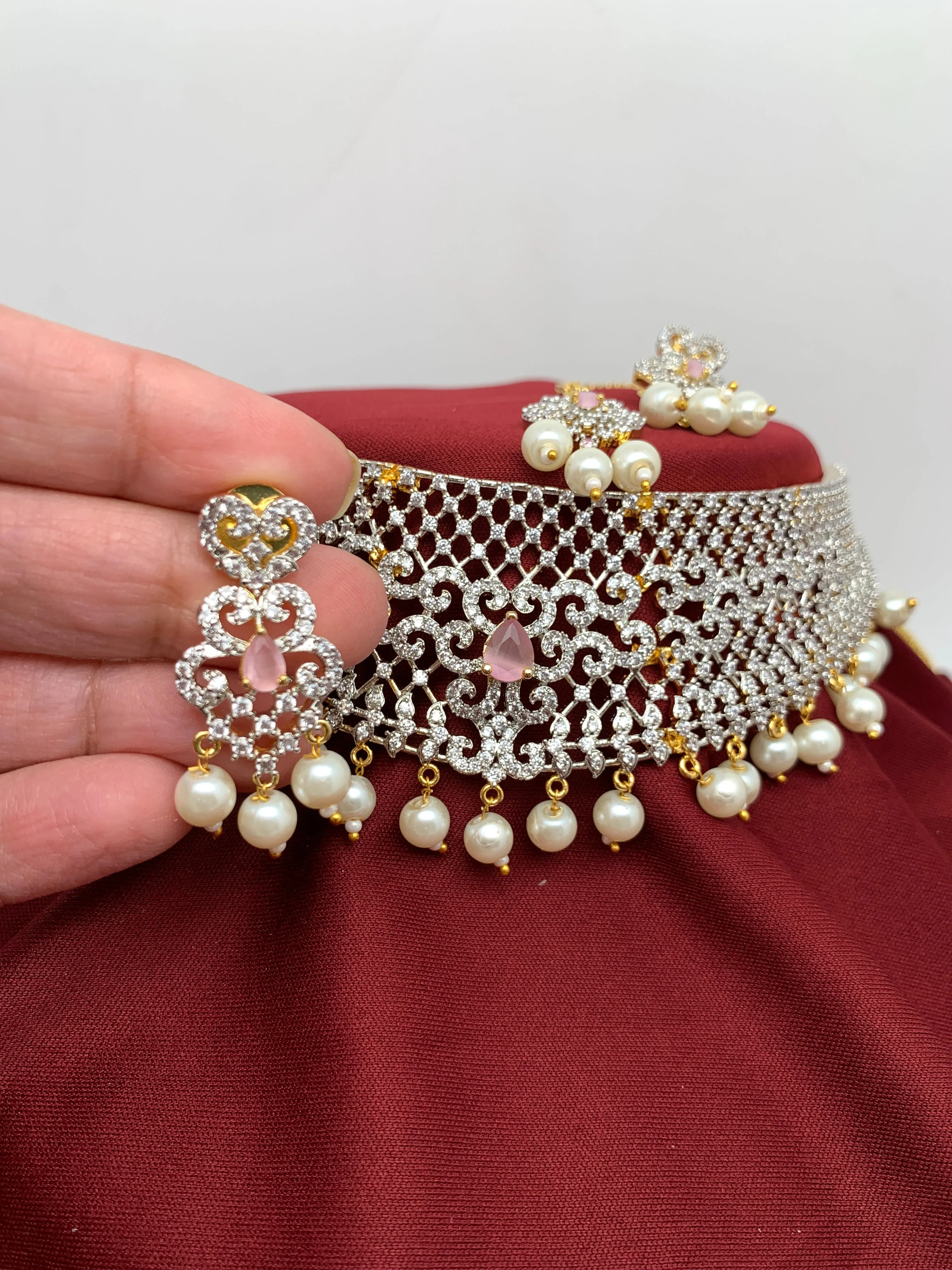 Pink Stone AD Finish Stiff Choker with Matching Maangteeka and Earrings