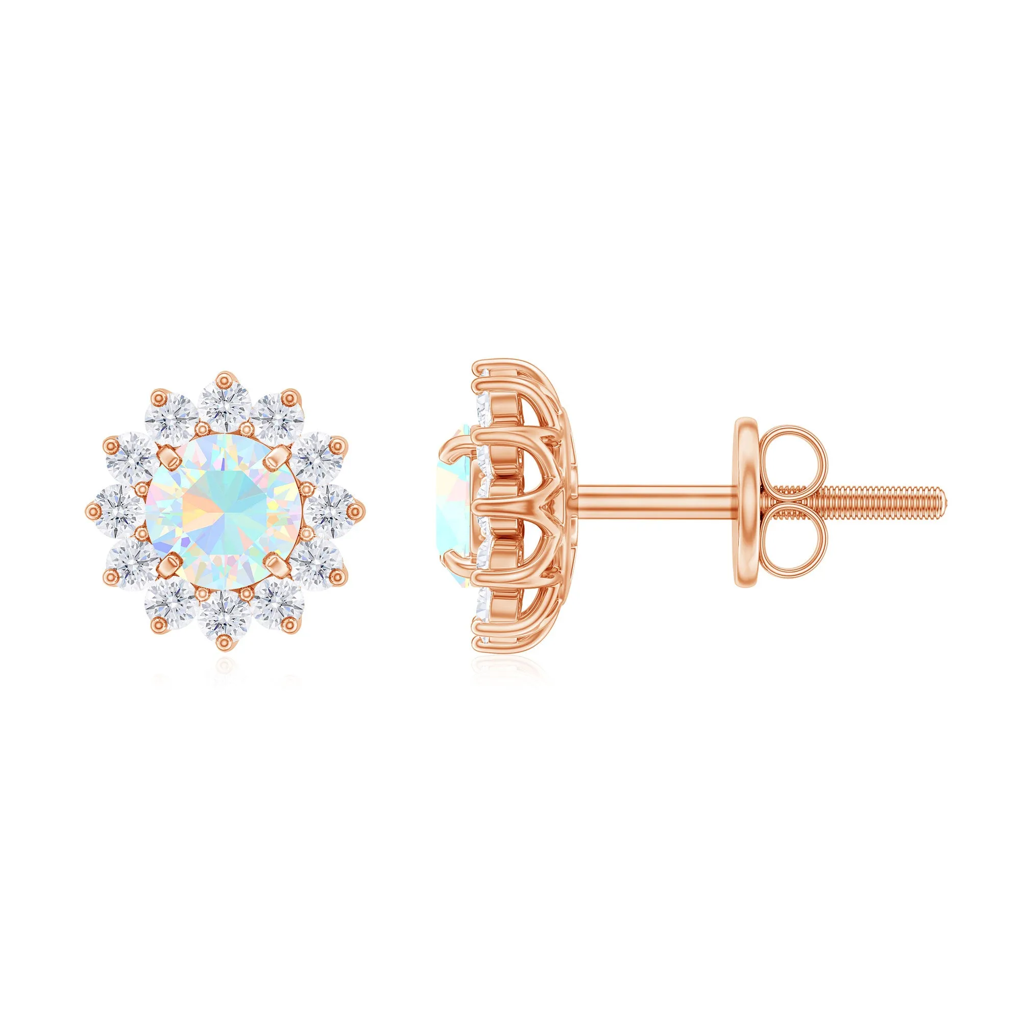 Real Ethiopian Opal Flower Stud Earrings with Diamond Halo